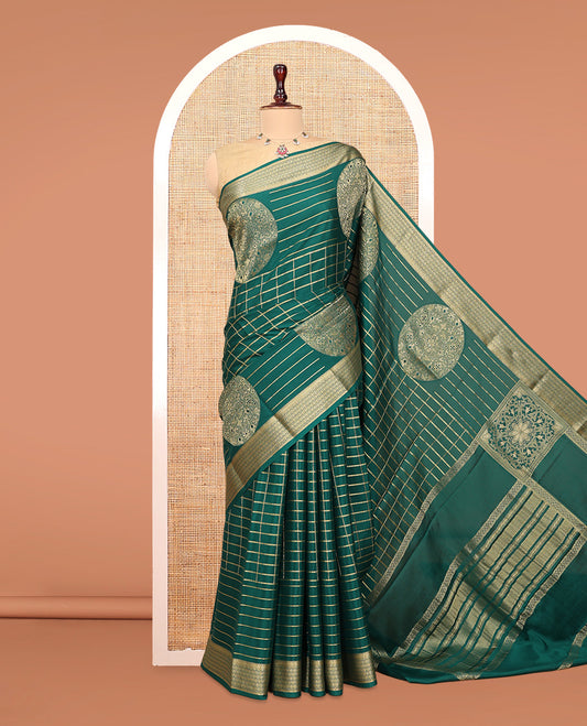 Green Mysore Silk Saree, Detailed with Traditional Chakra-Stripe Design, Complemented by a Traditional Zari Woven Border, Intricate Pallu, and a Matching Blouse