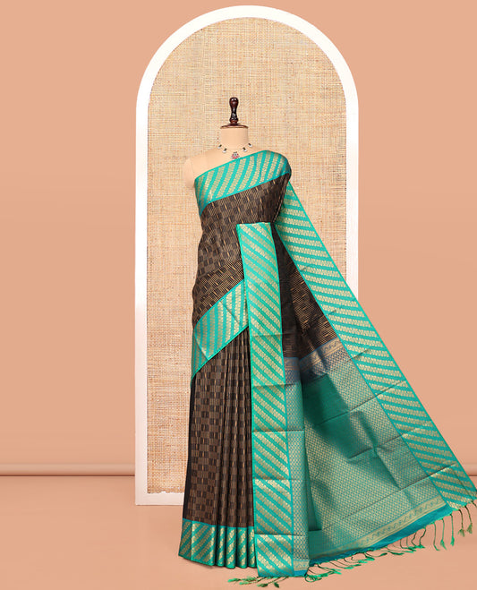 Black Budget Silk Saree, Elevated with Zari Checks, Complemented by Contrast Floral Creeper Border, Intricately Designed Pallu, and a Contrast Blouse