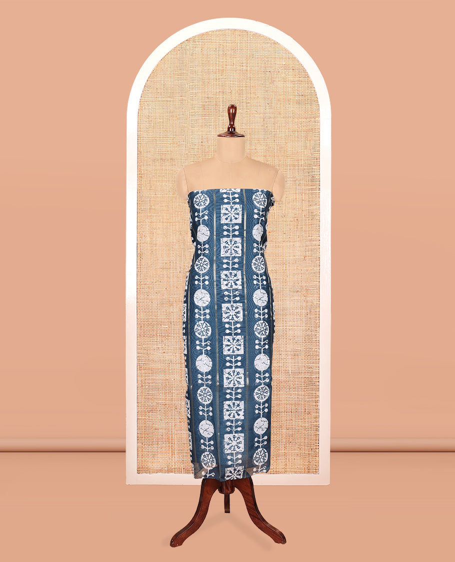 Peacock Blue Chanderi Material Chudidar Features Batik Printed Top, a Matching Bottom, and Batik Printed Dupatta