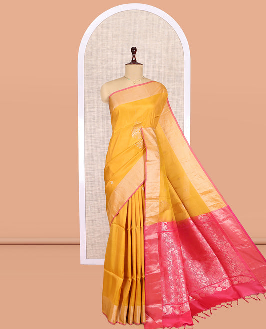 Yellow Uppada Saree, Embellished with Zari Buttas, a Bavanji Border, Contrast Intricate Pallu, and a Contrast Blouse