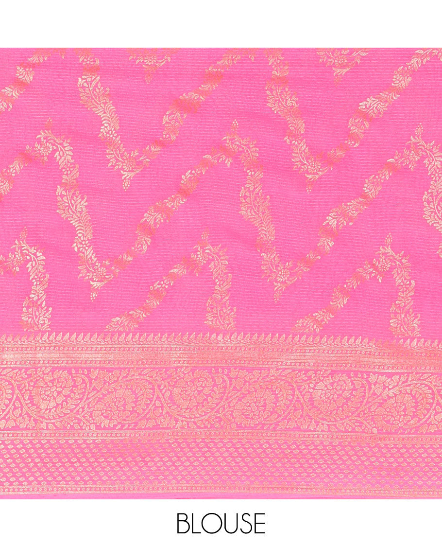 Red Chiffon Saree, Highlighted with Floral Jaal Foil Prints All Over Its Body, Complemented by a Contrast Traditional Motifs Foil Printed Border, Pallu Steeped with Diagonal Stripes, and Paired with a Contrast Blouse
