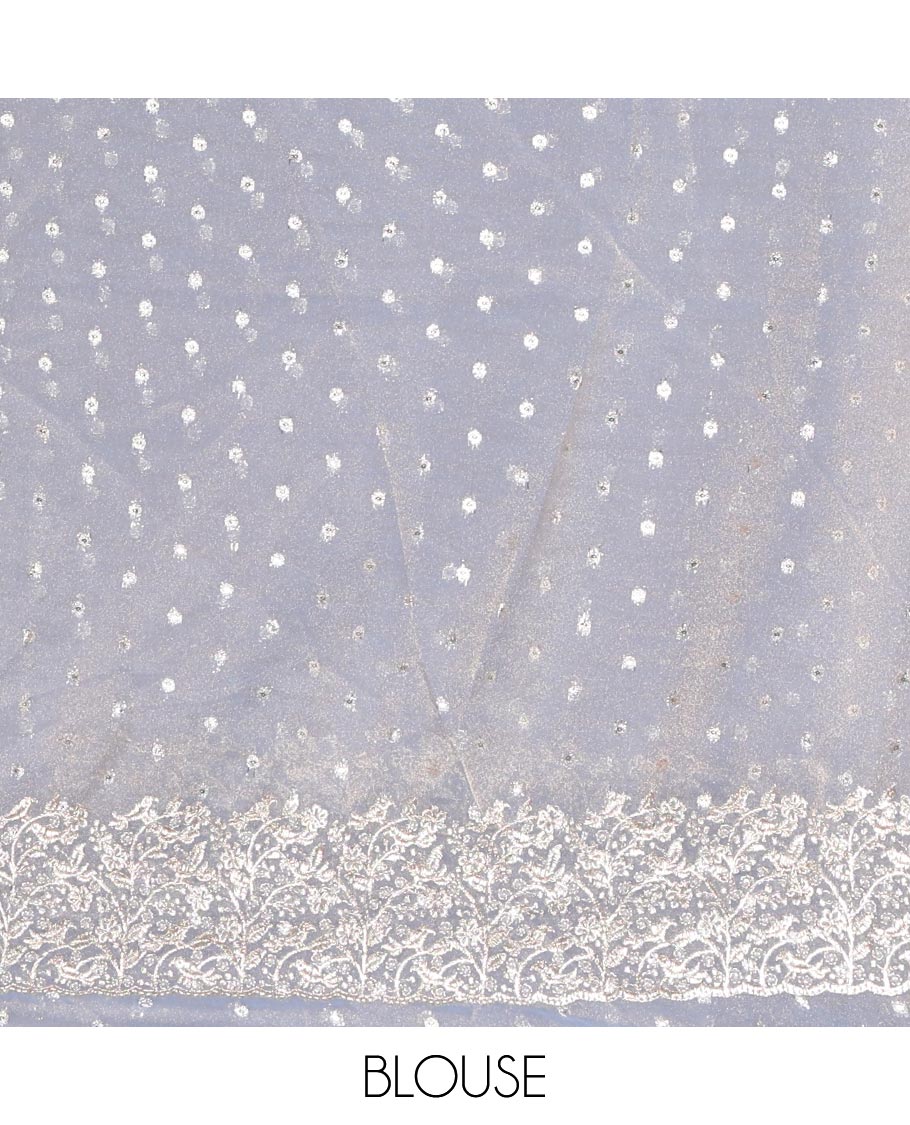 Grey Fendi Chiffon Saree, Steeped with 1000-Buttas All Over Its Body, Highlighted by a Scallop Embroidered Border, a Self-Pallu, and Paired with a Matching Blouse