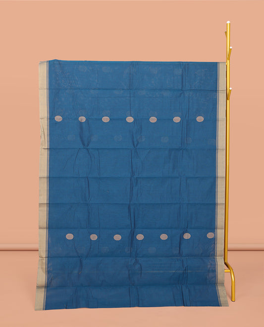 Blue Kanchi Cotton Saree, Embellished with Buttas All Over Its Body, Complemented by a Contrast Border, Pallu of Jaal Design, and Paired with a Matching Blouse