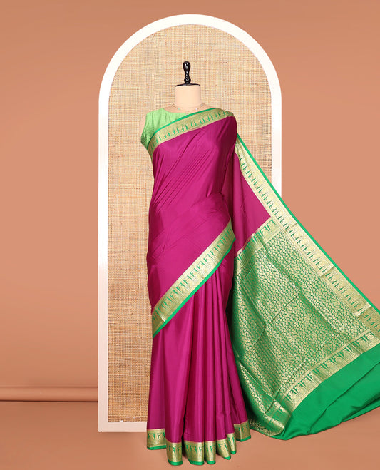 Pink Plain Mysore Silk Saree, Complemented by a Contrast Two-Headed Eagle Zari Border, Zari Design Pallu, and a Contrast Blouse