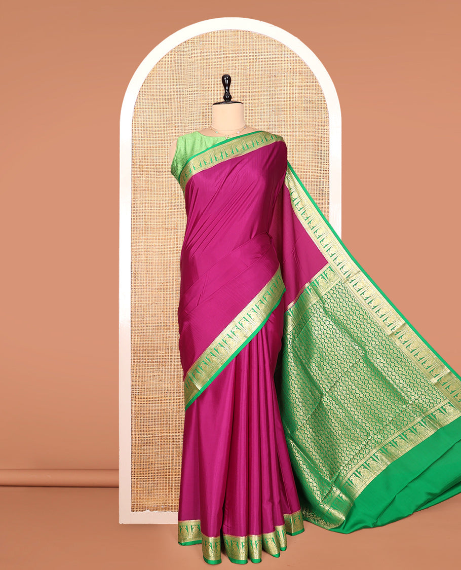 Pink Plain Mysore Silk Saree, Complemented by a Contrast Two-Headed Eagle Zari Border, Zari Design Pallu, and a Contrast Blouse