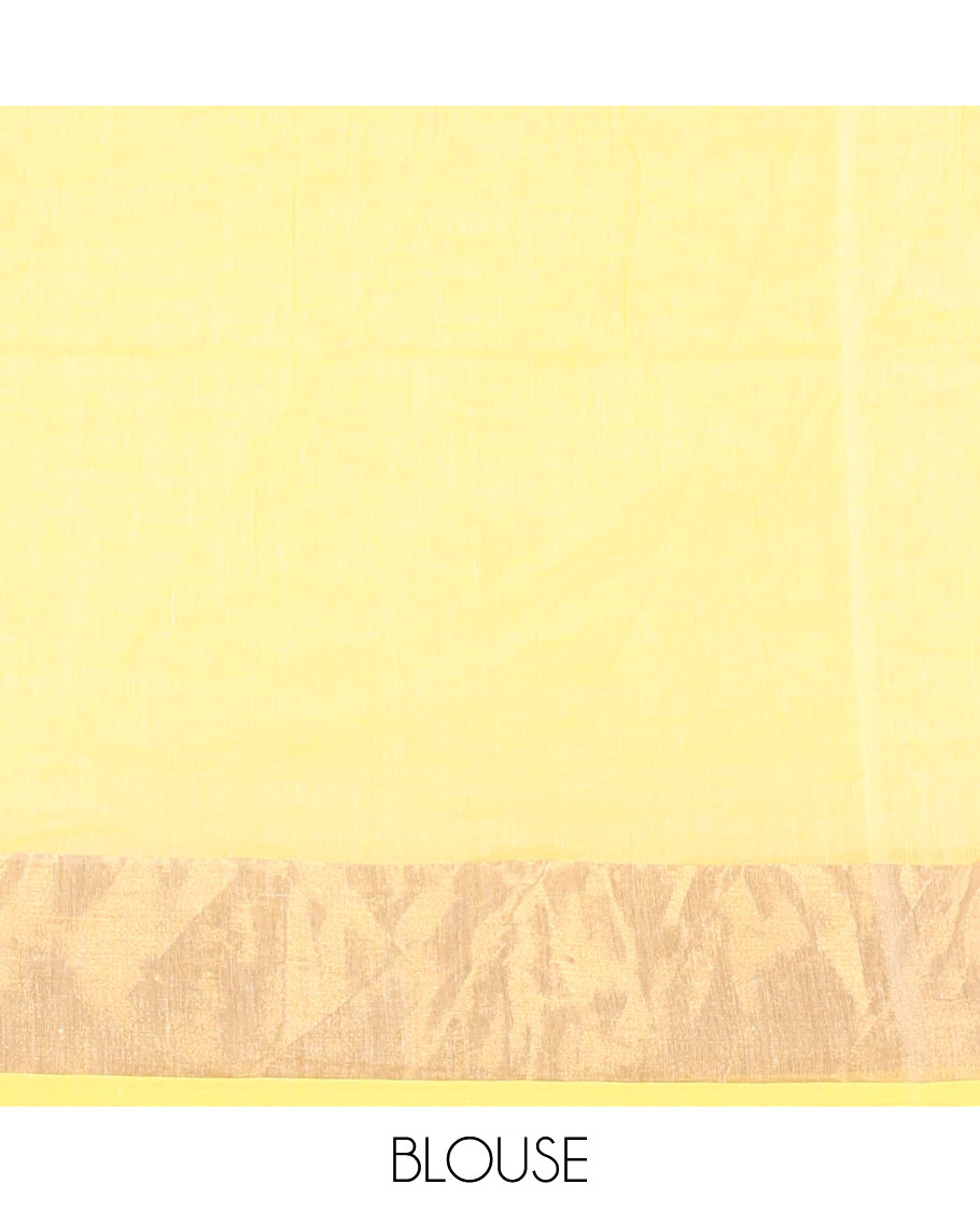 Cream and Yellow Plain Khadi Mul Cotton Saree Features a Gleaming Zari Bavanji Border, and a Contrast Yellow Plain Blouse
