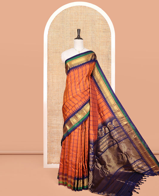 Orange Gadwal Silk Saree, Crafted with Buttas and Checks, Complemented by a Contrast Traditional Zari Temple Border, Grand Jaal Pallu, and a Contrast Blouse