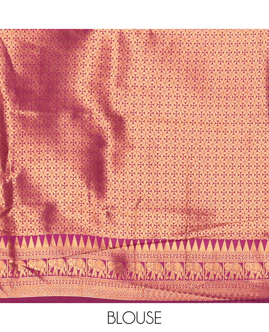 Beige checked design litchi saree, contrast temple elephant motifs border, geometric patterned pallu, and a contrast jacquard blouse