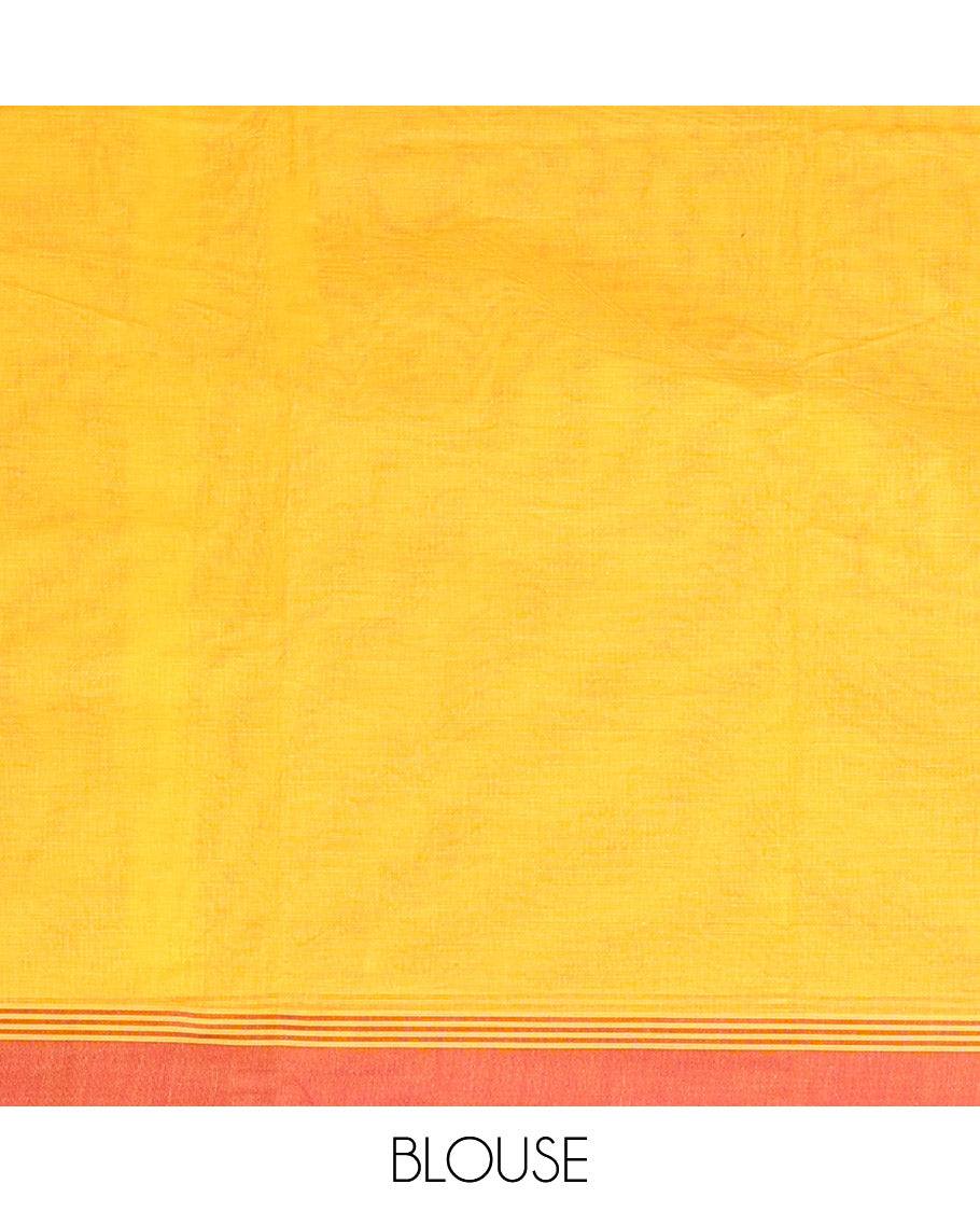 Yellow Kanchi Cotton Saree, Decked Up with Polka Dot Buttas All Over Its Body, Complemented by a Contrast Border, Pallu Depicting Floral Designs, and Paired with a Matching Blouse