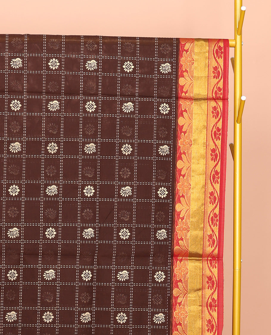 Brown Venkatagiri Cotton Saree, Finely Crafted with Butta-Enclosed Checks, a Contrast Floral Creeper Zari Border, Peacock Butta Pallu, and No Blouse