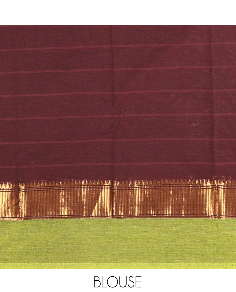 Coffee Brown Striped Chettinad Cotton Saree, Complemented by a Contrast Kal Eragina Traditional Zari Design Border, Gleaming Zari Striped Pallu, and Paired with a Matching Blouse