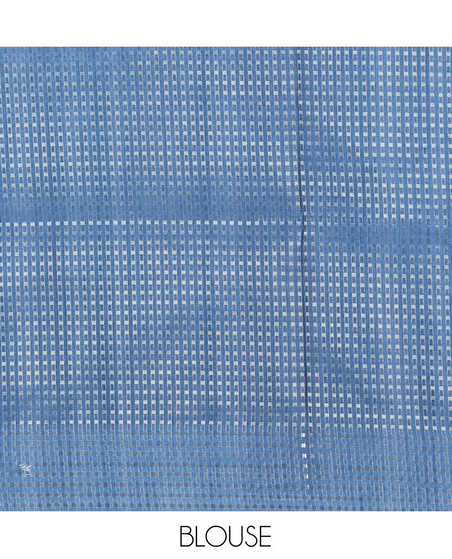 Cream-Steel Blue Dola Silk Saree, Adorned with Floral Print, a Contrast Checked Border, Pallu of Buttas, and a Contrast Blouse