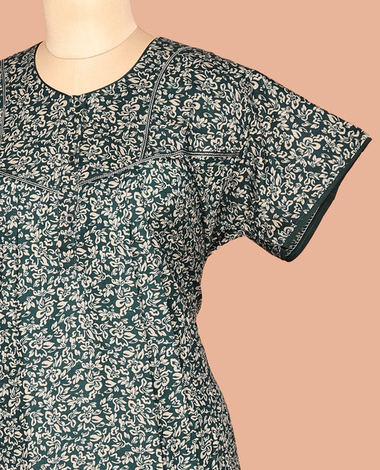 Green Cotton-Blended Floral Print Nighty