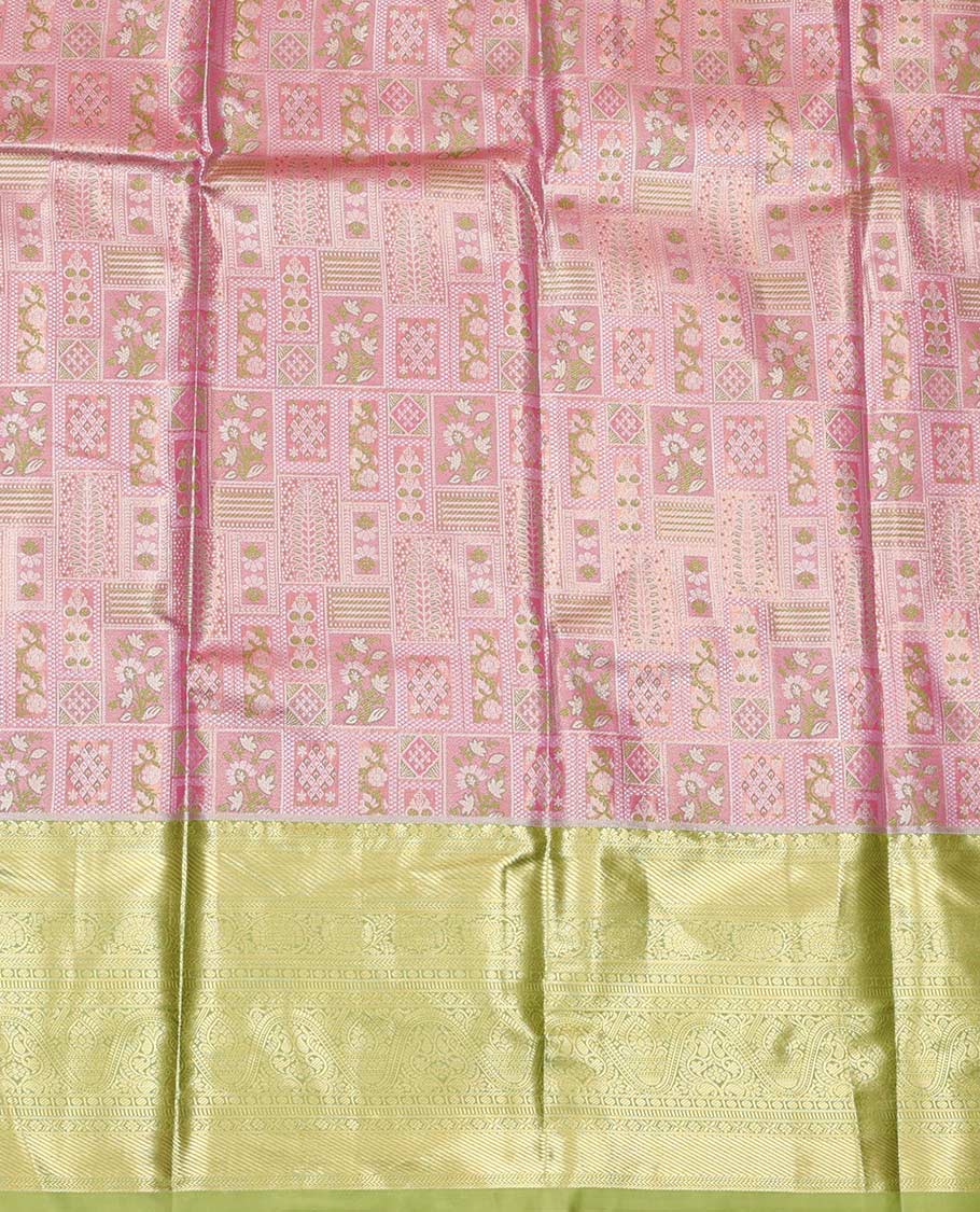 Pink Art Silk Material Half Saree Set, Elegantly Highlighted with Jacquard Design Skirt, a Contrast Traditional Zari Design Border, Contrast Zari-Jacquard Blouse, and a Dhavani of Paisley Designs