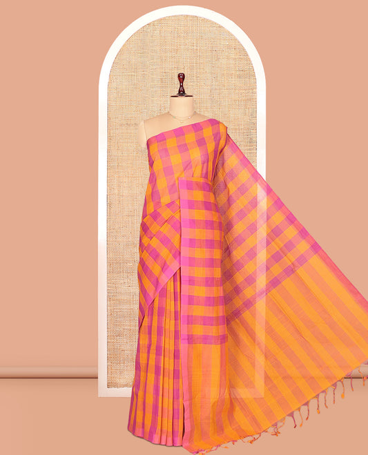 Borderless Pink-Orange Mangalagiri Cotton Saree