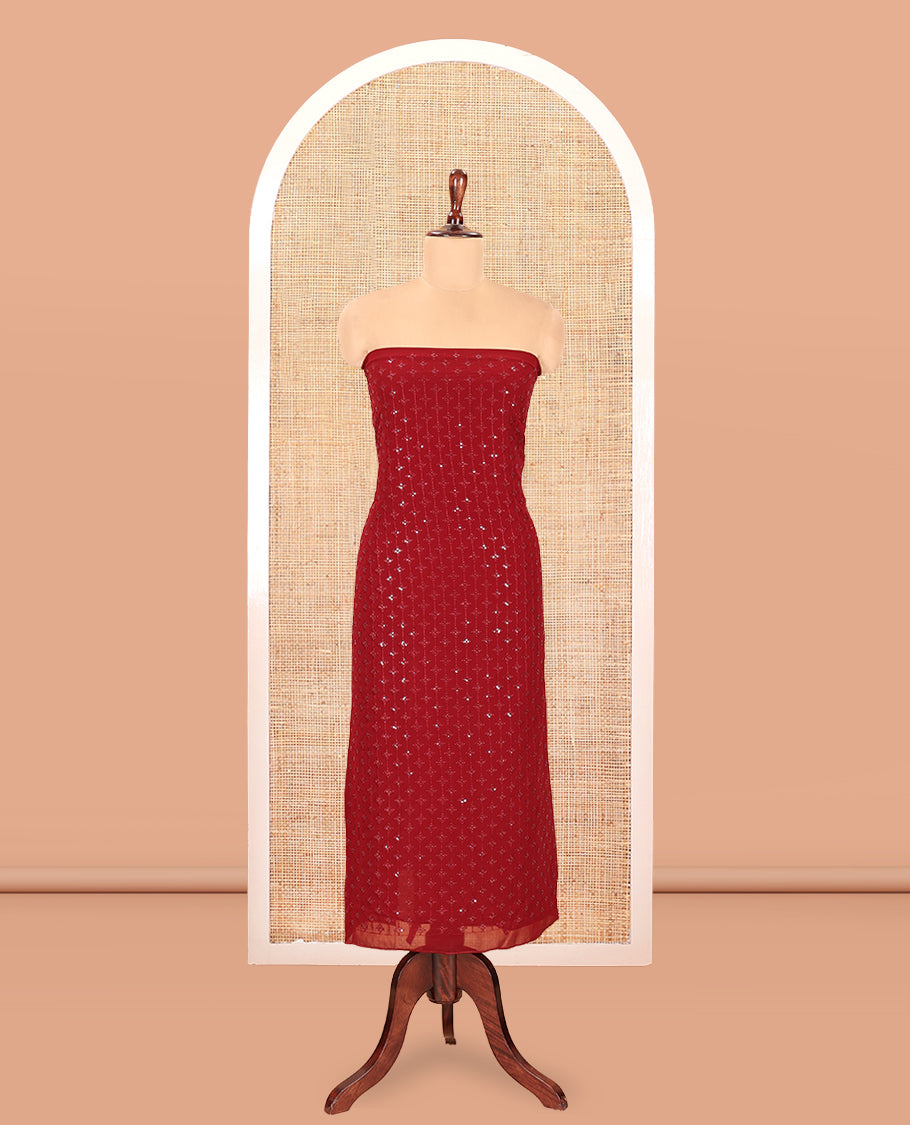 Maroon Georgette Material Churidar, Woven with Sequins Embroidered Top, a Matching Bottom, and Embroidered Dupatta