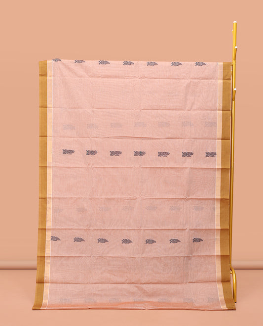 Pale Pink Kanchi Cotton Saree Features Thread Buttas on Its Body, Complemented by a Contrast Border, Floral-Design Pallu, and a Matching Blouse