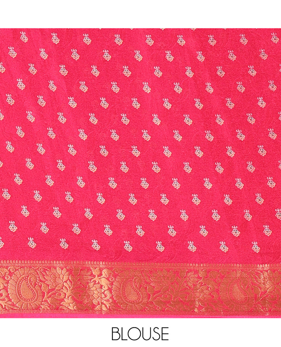 Rani Pink Embossed Moss Chiffon Saree, a Zari Floral-Paisley Vine Border, Contrast Mughal-Style Pallu, and a Matching Blouse