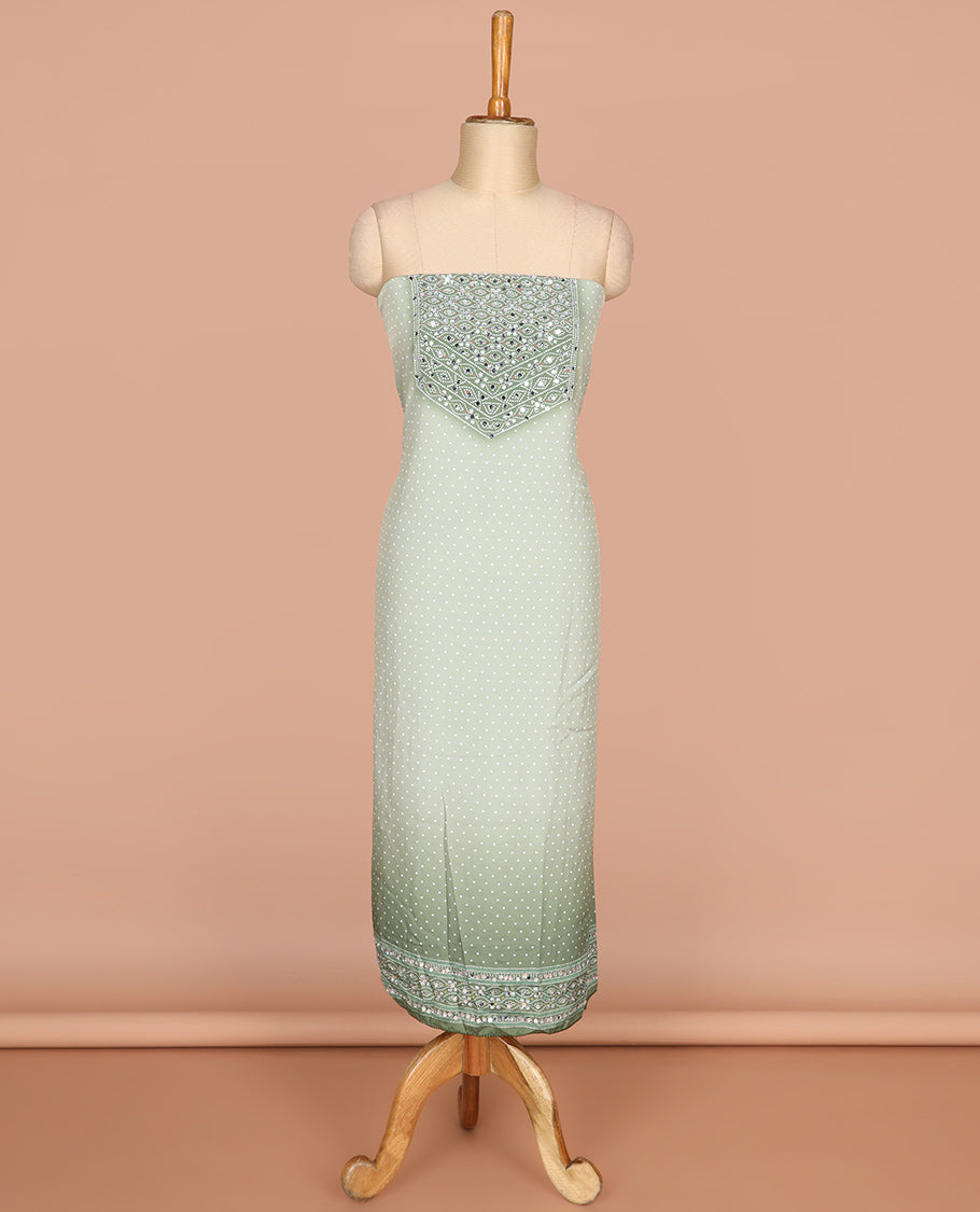 Pista green bhandani print, stone,mirror work crepe chudidhar  material top with american crepe pant & chinnon material bhandani print, mirror work dupatta