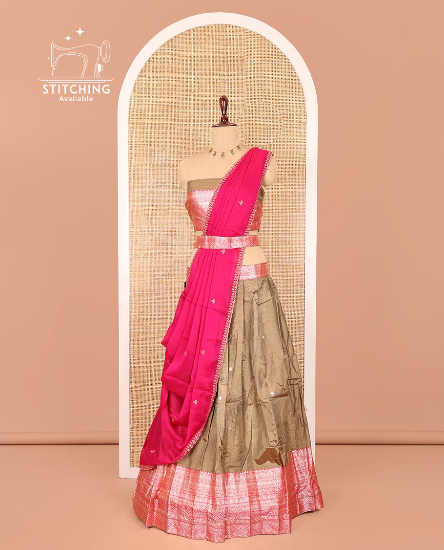 Gold-Rani Pink Banarasi Silk Half-Saree Features Buttas Skirt, Contrast Traditional Border, Matching Blouse, Contrast Embroidered Dhavani