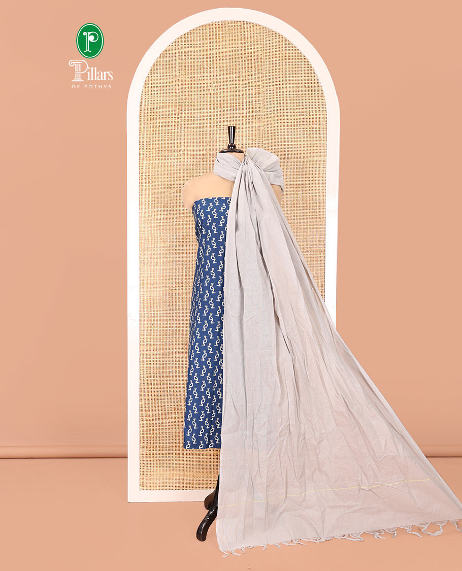 Blue Handloom Cotton Material Chudidar Set, Subtly Adorned with Bird Motifs All Over Its Body, Complemented by Contrast Plain Bottom, and Paired with a Contrast Dupatta