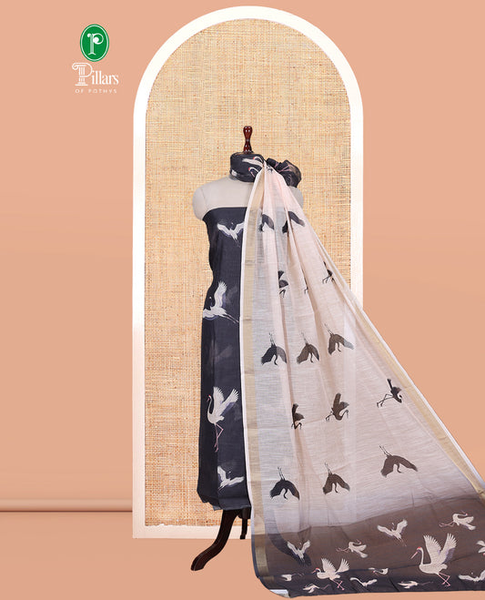 Black Semi-Linen Material Churidar, Adorned with Heron Motifs Top, a Plain Santoon Bottom, a Contrast Heron Dupatta