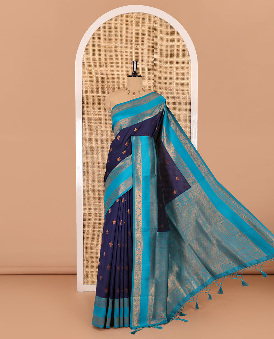 Navy blue copper zari buttas elite soft silk saree , contrast zari weaving border , contrast brocade rich pallu with tussels , and  contrast brocade blouse