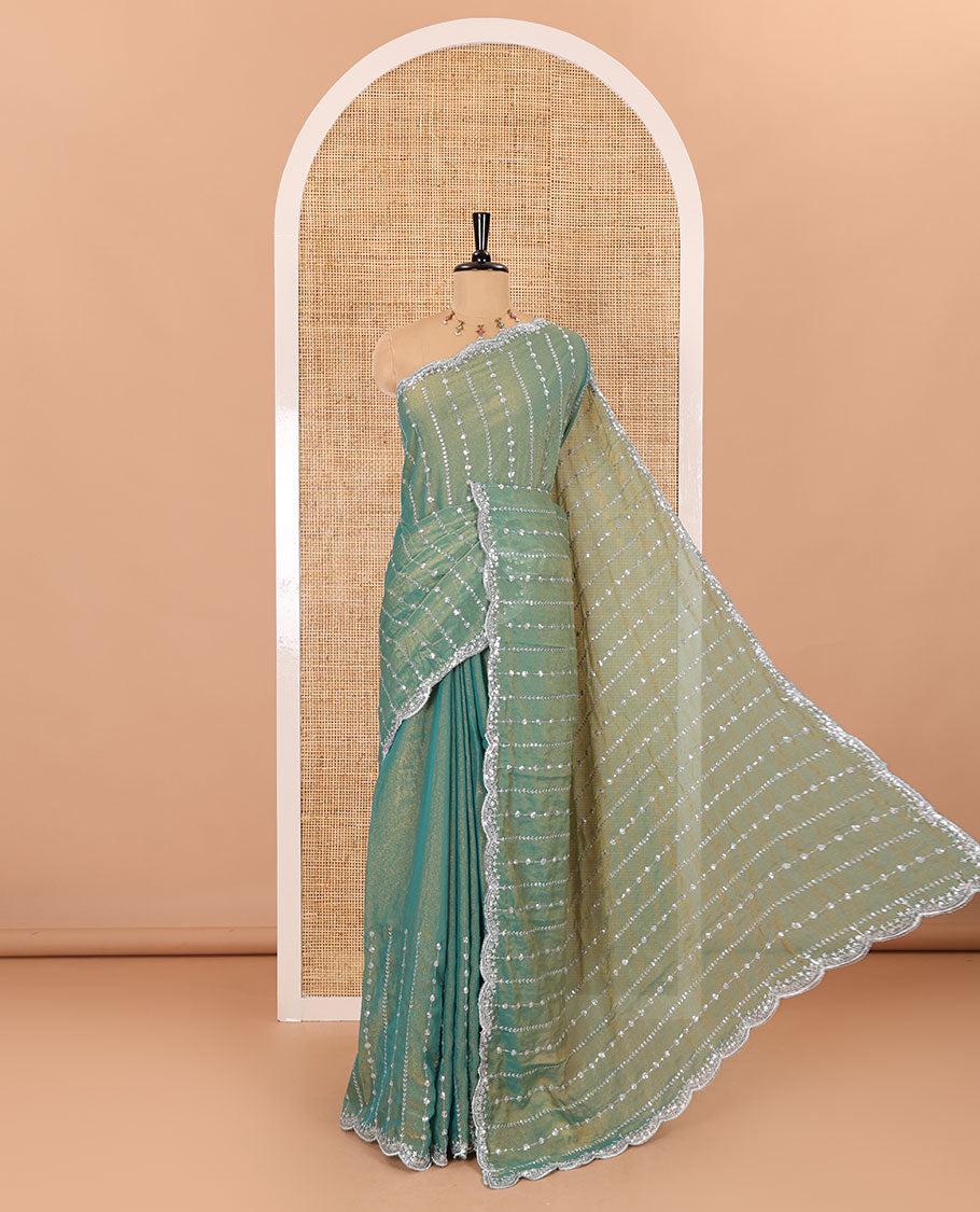 Mehendi vertical stripes embroidered shimmer chiffon saree, scallop embroidered border, embroidered pallu, and fancy embroidered matching blouse