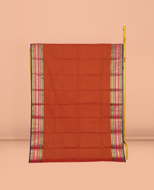 Rust Plain Chettinad Cotton Saree, Complemented by a Contrast Traditional Zari Design Border, Pallu of Stripes, and Paired with a Matching Blouse