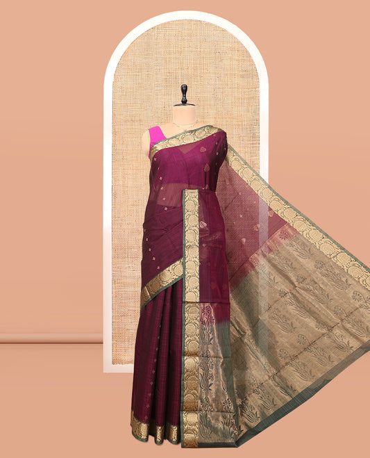 Wine Silk Cotton Saree, Adorned with Zari Buttas, a Contrast Floral Creeper Border, Grand Pallu, and a Contrast Blouse