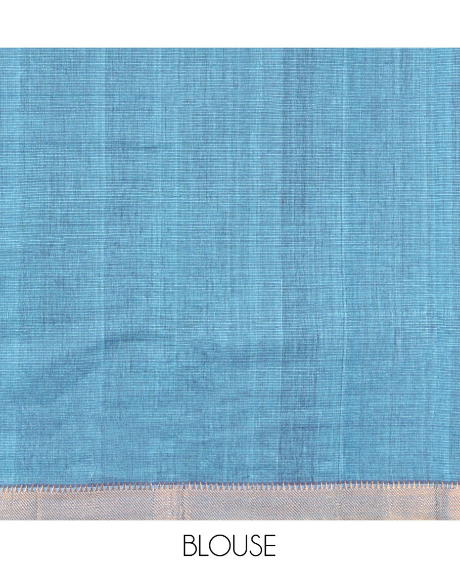 Violet Mangalgiri Cotton Saree, Detailed with Stripes on Its Body, Complemented by Contrast Zari Temple Border, Zari-Striped Pallu, and Paired with a Contrast Blouse