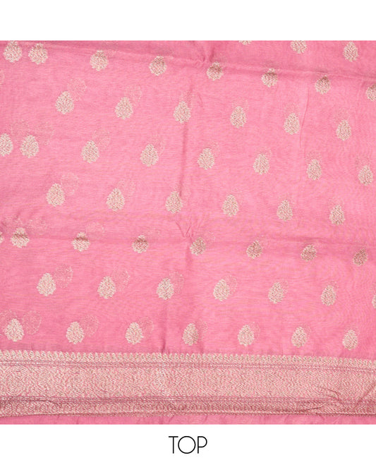 Pink Material Churidar Set, Embellished with Zari Buttas on Its Chanderi Silk Top, a Plain Bottom, and Floral Jaal Dupatta
