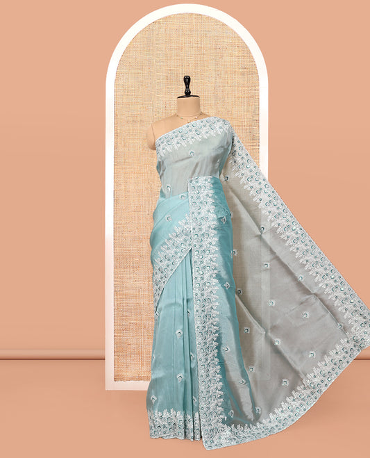 Blue Organza Saree, Ornamented with Thread Floral Buttas, Scallop Floral Embroidery Border, and Matching Blouse