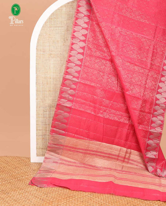 Pink Jacqard weaving brocade design semi tussar saree with gold zari leaf border & cheer pallu