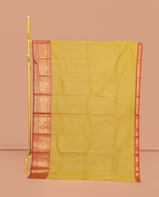 Green Plain Chettinad Cotton Saree, Complemented by a Contrast Traditional Zari Border of Peacocks, Pallu of Stripes, and Paired with a Matching Blouse