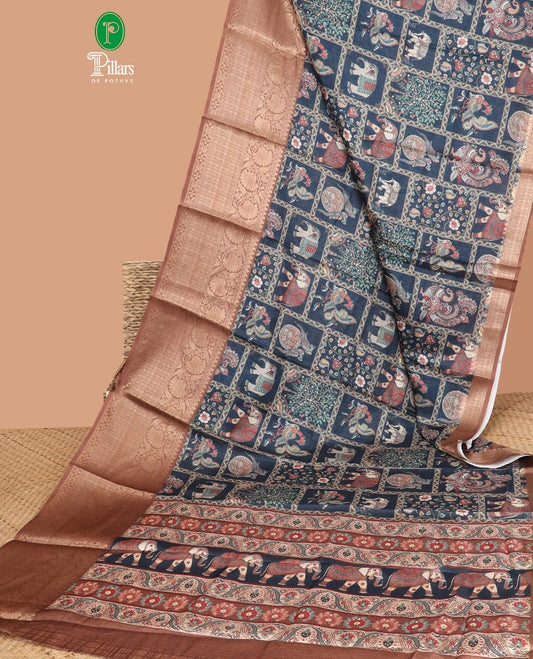 Dusky blue  all-over digital figure motifs printed design with contrast gold zari jacquard border & printed rich pallu along with contrast plain blouse