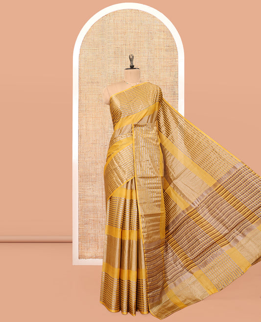 Borderless Mustard Tussar Silk Saree, Detailed with Zari Stripes, Striped Pallu, and a Matching Blouse