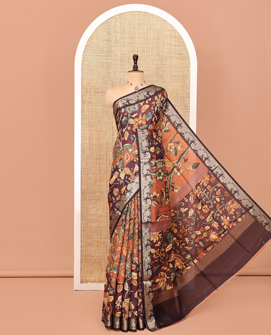 Brown-Rust Kalamkari Saree, Bedecked with Floral Vine Print,  Zari-Woven Border, Floral Pallu, and a Contrast Blouse