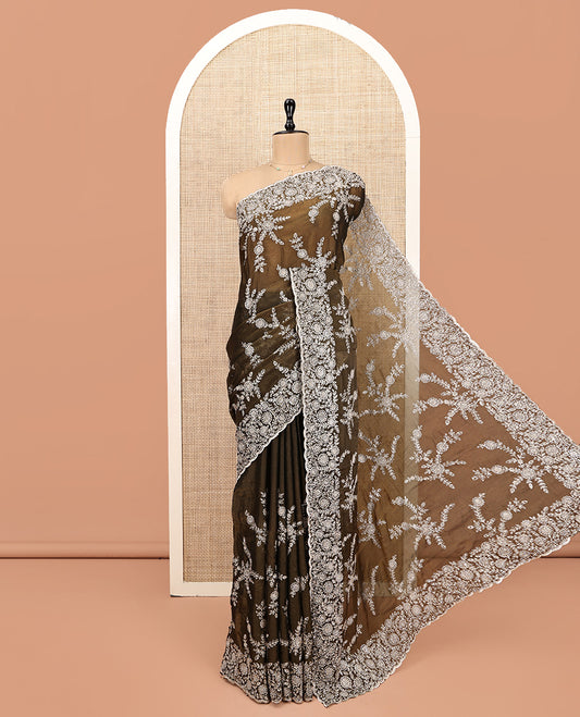 Brown Designer Saree, Prettified with Floral Embroidery, Scallop-Embroidered Border, and Matching Embroidered Blouse