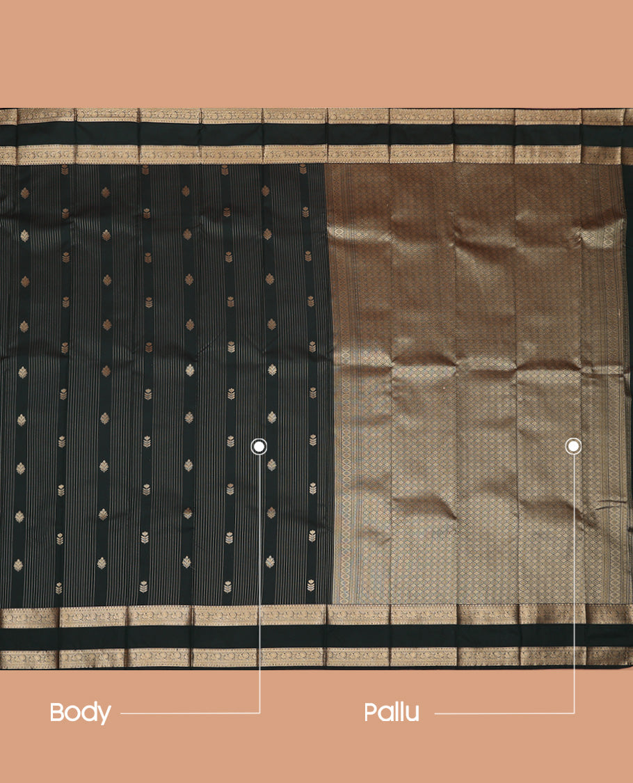 Black Budget Silk Saree, Enriched with Zari Buttas and Stripes All Over Its Body, Highlighted by Traditional Zari Designs Rettai Pettu Border, Gleaming Jaal Pallu and Paired with a Matching Blouse