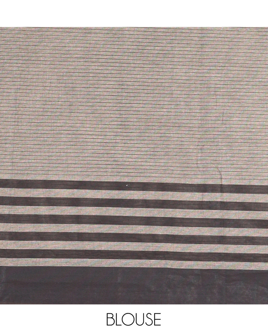 Grey Striped Chettinad Cotton Saree, a Contrast Striped Border, and a Matching Blouse