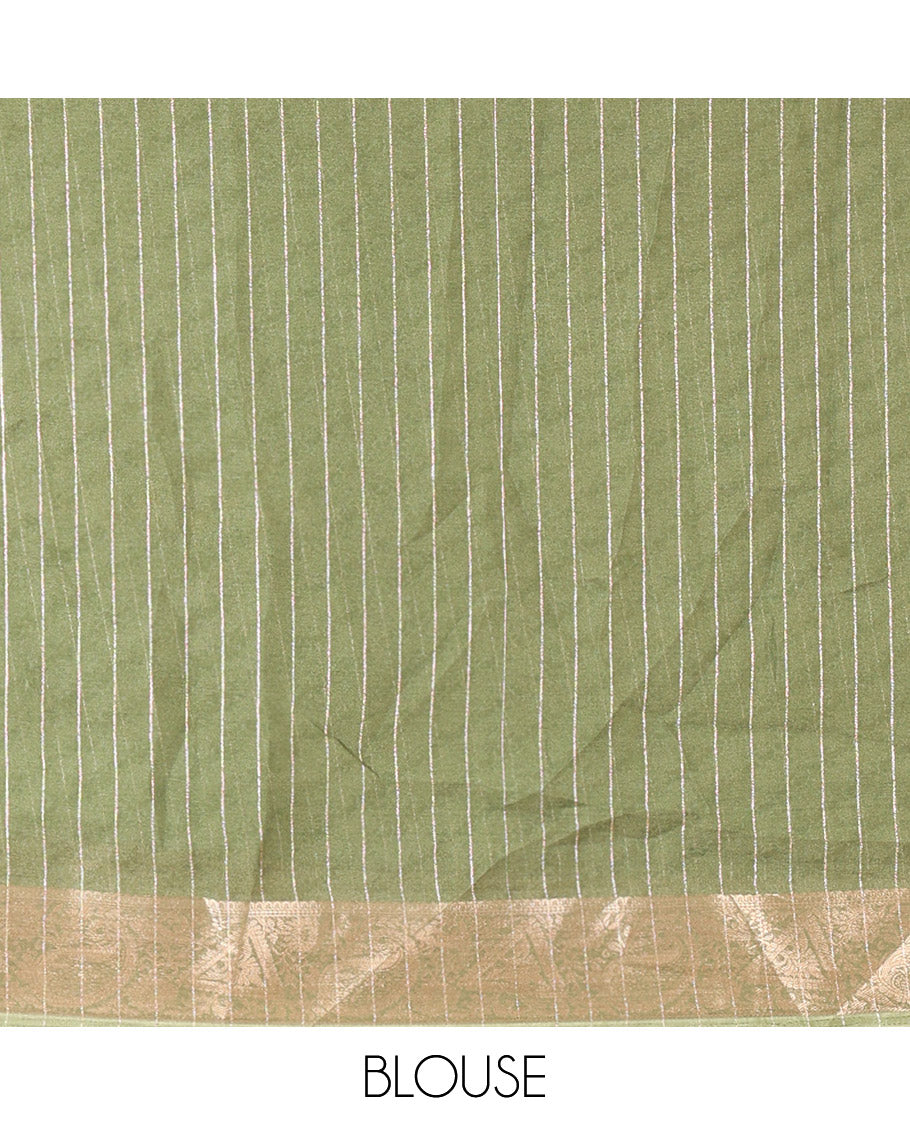 Green Moss Chiffon Saree, Gleamed Up with Vertical Zari Stripes All Over Its Body, Highlighted by a Zari Border of Paisleys and Diamond Designs, a Self-Pallu, and Paired with a Matching Blouse