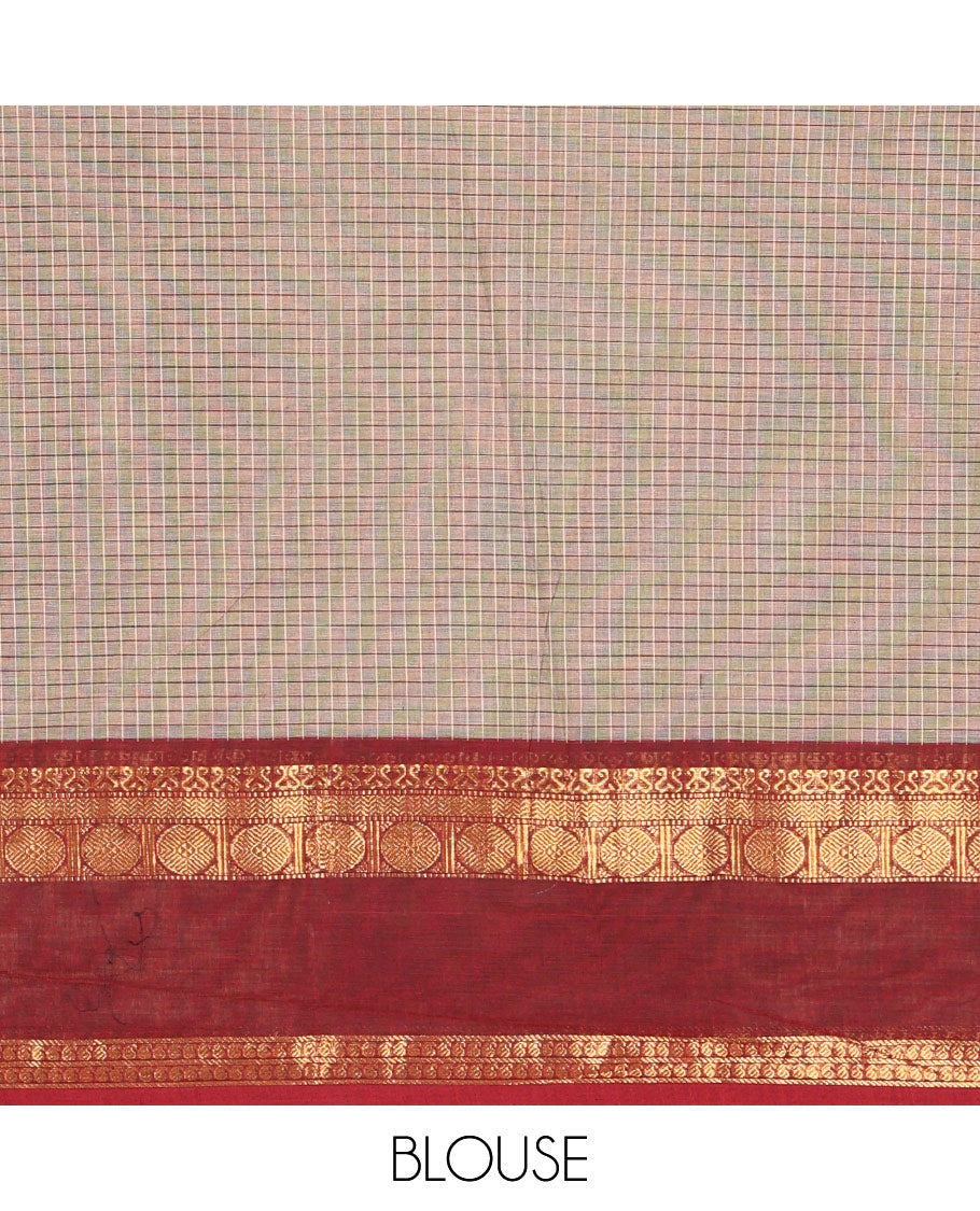 Brown Checked Chettinad Cotton Saree, Accentuated with Contrast Ganga Jamuna Rettai Pettu-Style Rudraksham Motifs Border, Subtly Zari Striped Pallu, and a Matching Blouse