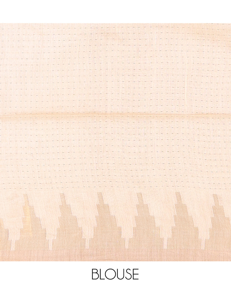Cream Bhagalpur Cotton Saree, Accentuated with Dotted Stripes, a Zari Temple Border, Self-Pallu, and a Matching Blouse
