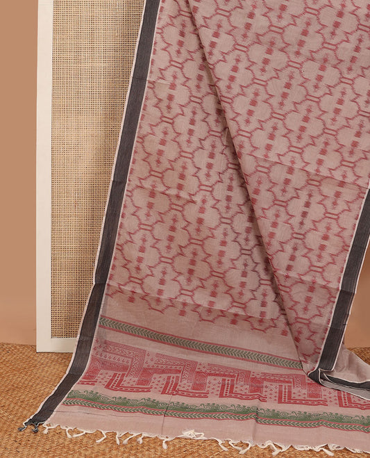 Brown ikkat style geometric design coimbatore cotton saree with contrast border & floral design pallu