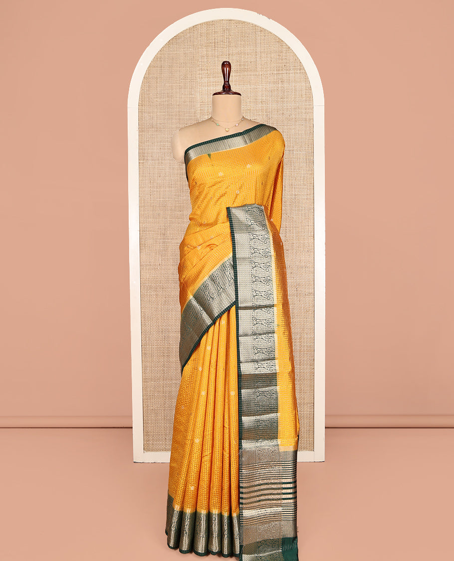 Yellow Dupion Silk Saree, Spotlighted with Zari Buttas and Micro-Checks, Contrast Traditional Zari Design Border, Zari Striped Pallu, and a Contrast Blouse
