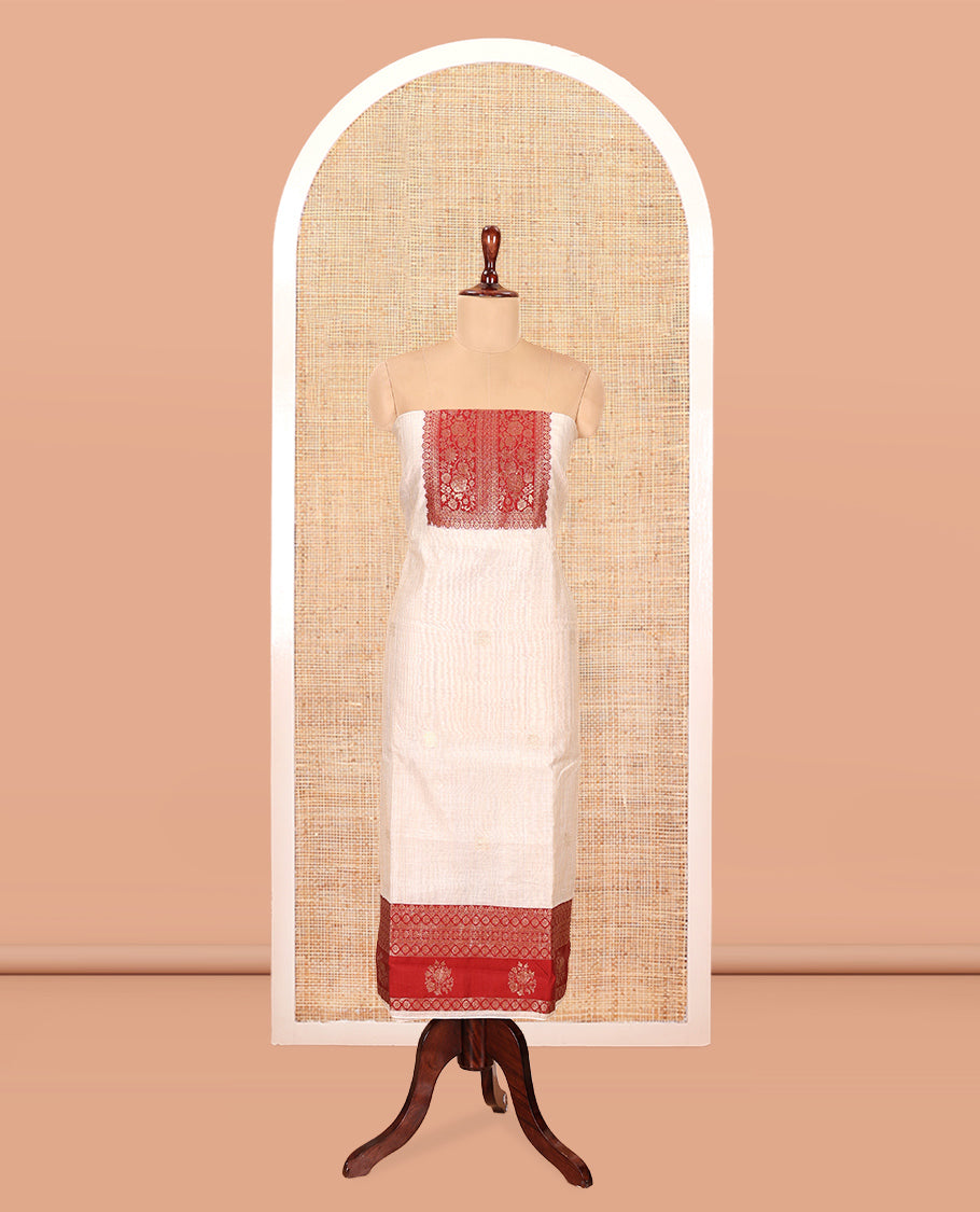 Chikku-Maroon Semi-Khadi Silk Material Chudidar, Zari Neckwork Top, Matching Bottom, Matching Dupatta