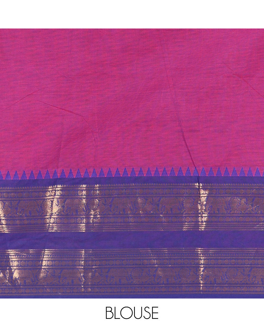Magenta Plain Chettinad Cotton Saree Beautified with a Contrasting Temple Rettai Pettu Border of Peacock-Elephant Motifs, a Subtle Pallu of Stripes, and a Matching Blouse
