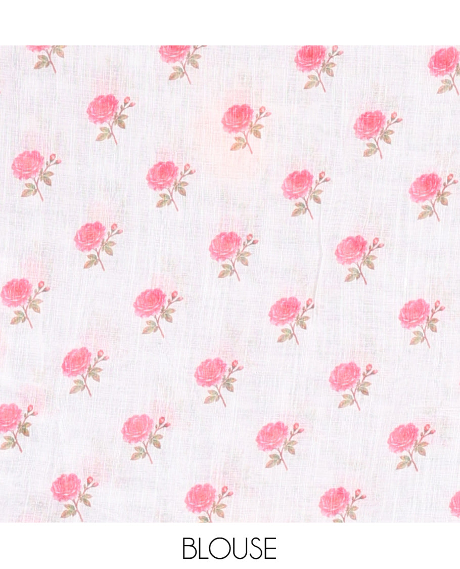 Pink Linen Cotton Saree, Adorned with Checks and a Floral Print, Lace Border, a Self-Pallu, and a Contrast Blouse