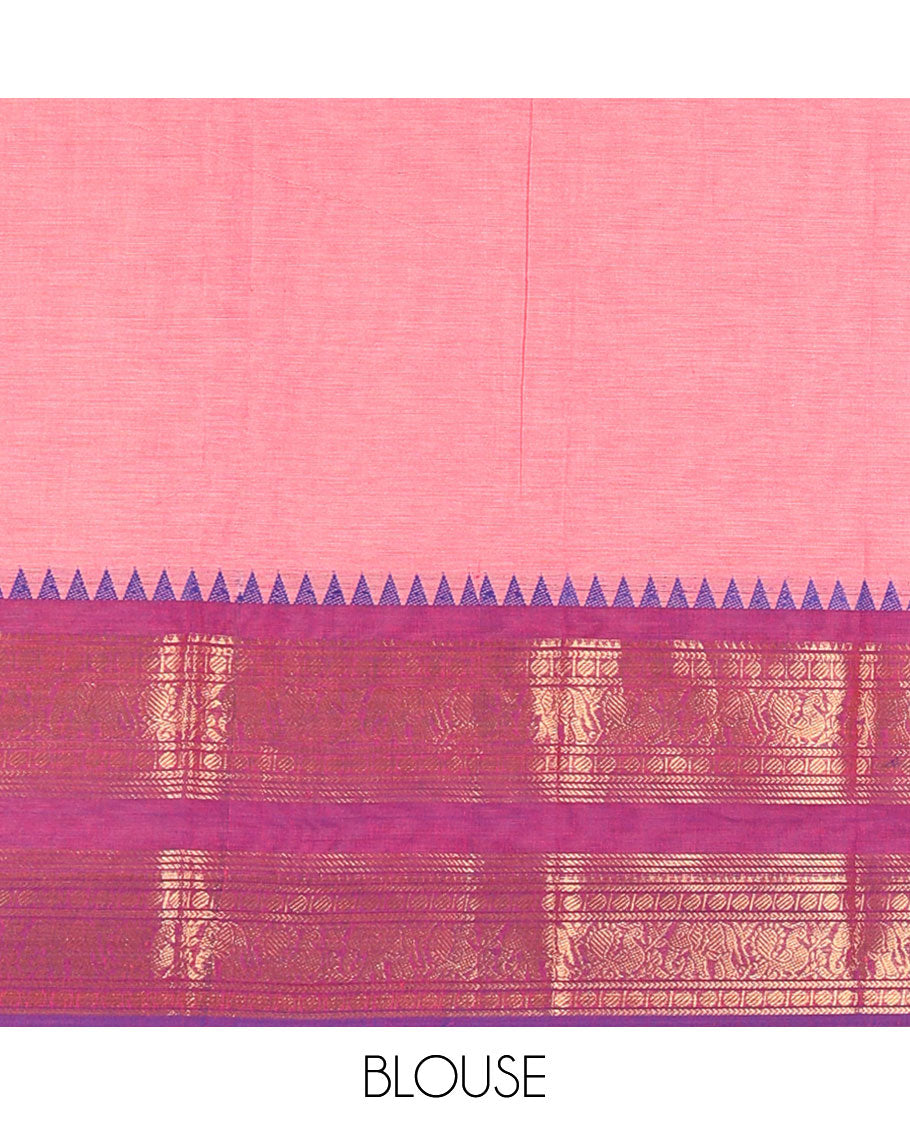 Pink Plain Chettinad Cotton Saree, Complemented by a Contrast Traditional Rettai Pettu Temple Border of Peacock-Elephant Designs, Subtly Striped Pallu, and Paired with a Matching Blouse